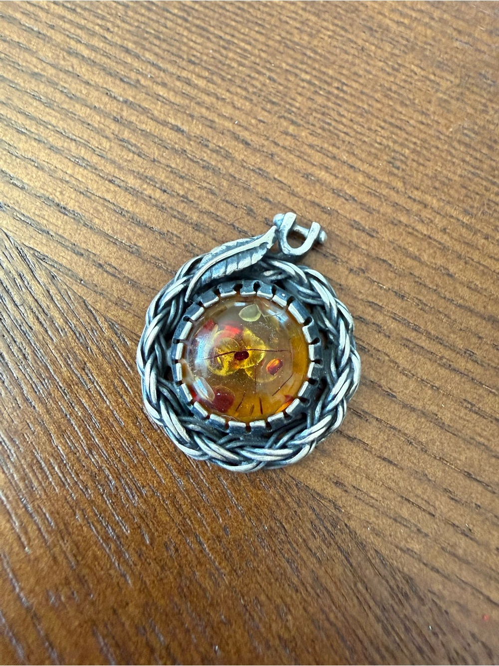 Amber Glass Cabochon Pendant in Silver-Tone Woven Setting